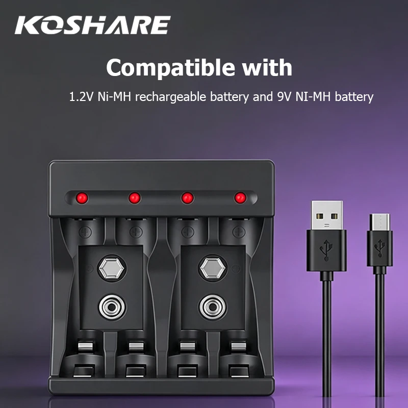 KOSHARE Smart Battery Charger With LED Display 4-Slot Independent Charging For 1.2V Ni-MH/Ni-cd 9V Rechargeable Batteries N420