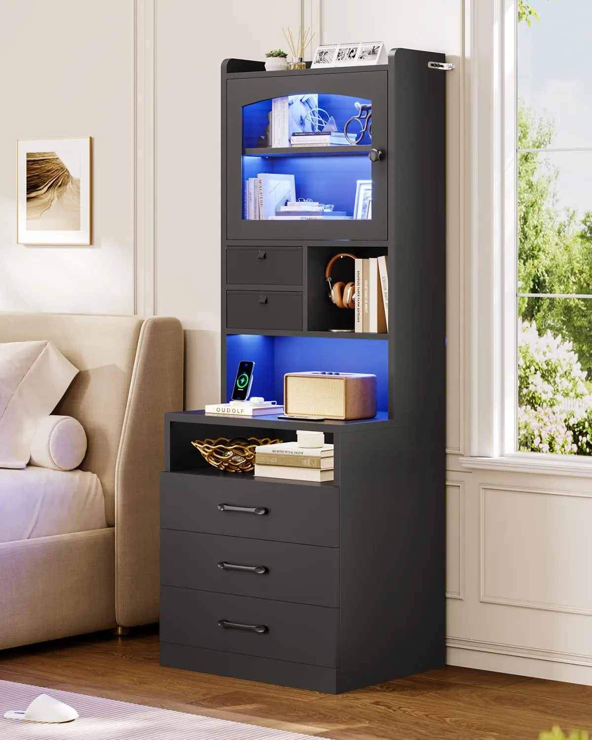 59" Tall Nightstand with Charging Station and 3 Drawers, Black Night Stand with Acrylic Display Cabinet and LED, Customized