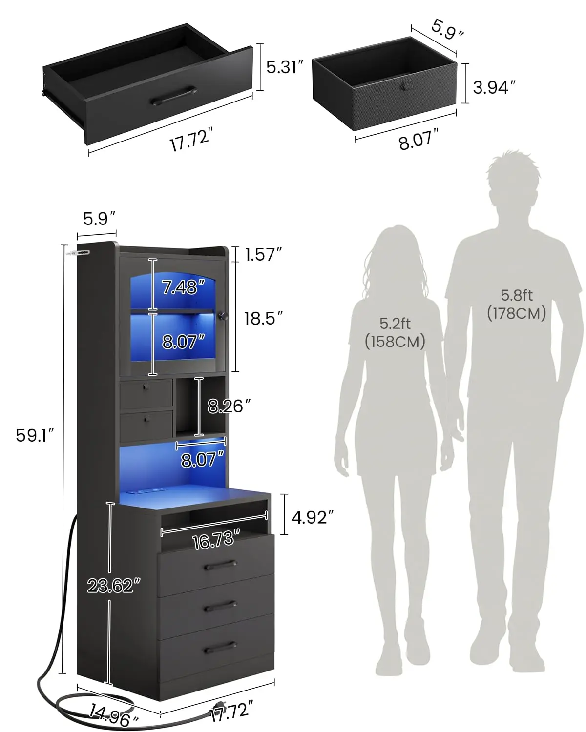 59" Tall Nightstand with Charging Station and 3 Drawers, Black Night Stand with Acrylic Display Cabinet and LED, Customized
