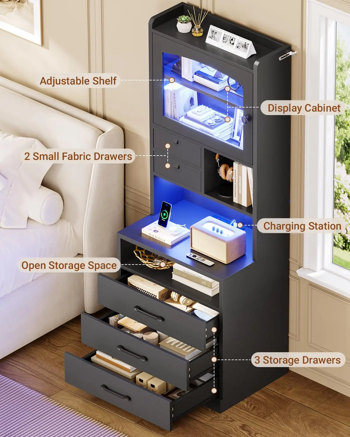 59" Tall Nightstand with Charging Station and 3 Drawers, Black Night Stand with Acrylic Display Cabinet and LED, Customized