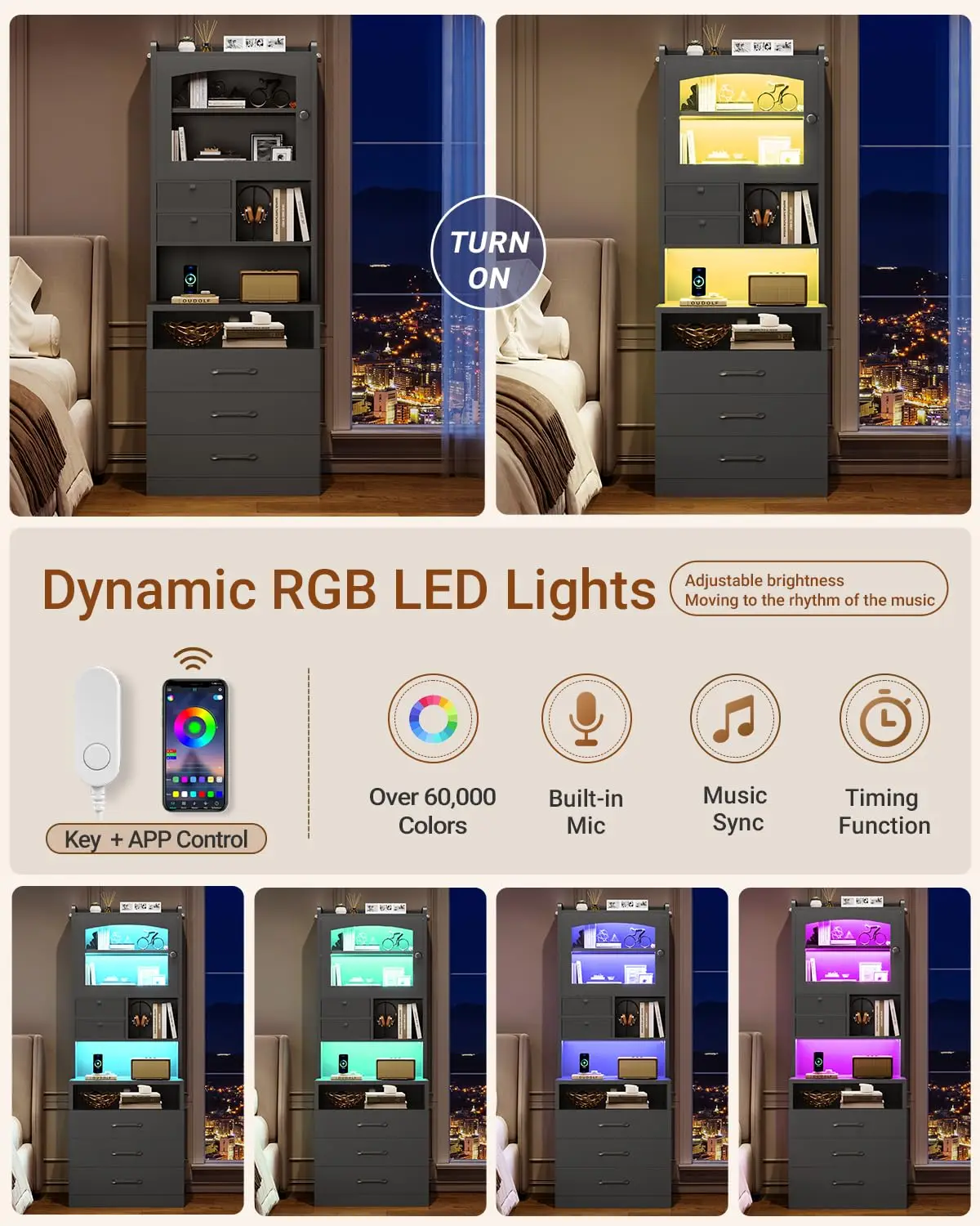 59" Tall Nightstand with Charging Station and 3 Drawers, Black Night Stand with Acrylic Display Cabinet and LED, Customized
