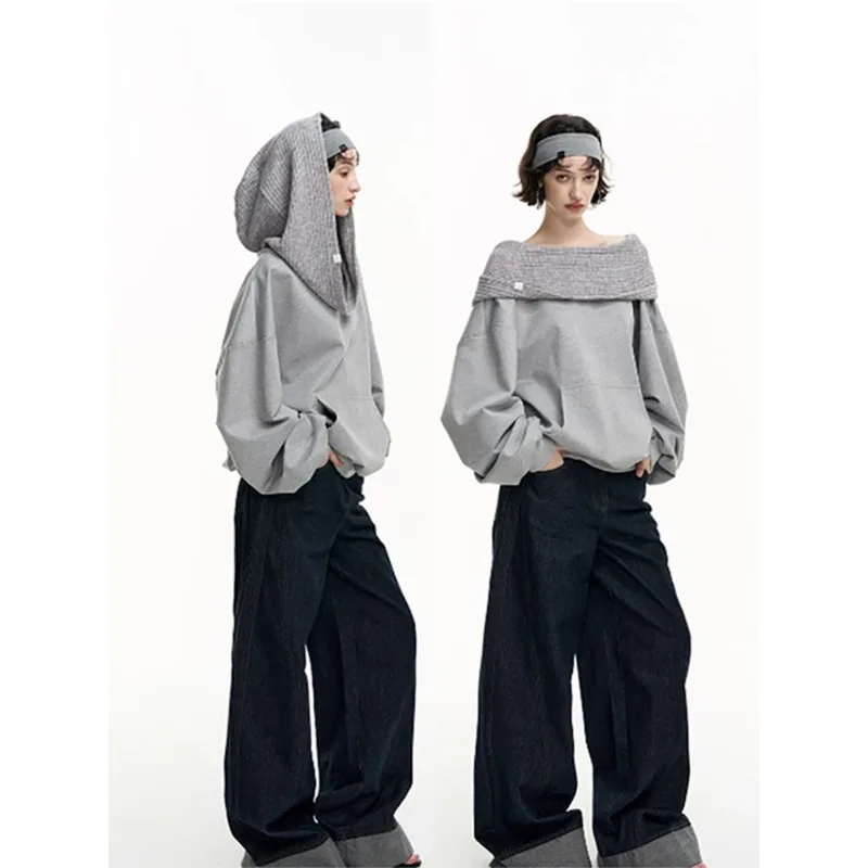 2026 Autumn New Women Knitted Hooded Splicing Hoodie Japanese Korean Fashion One Collar Casual Loose Hoodie Y2k Streetwear