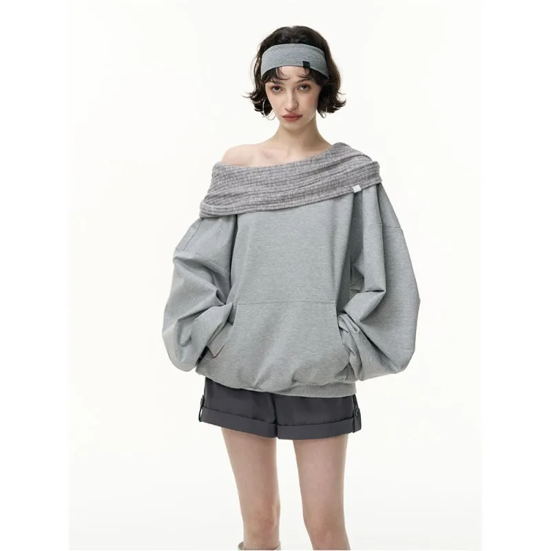 2026 Autumn New Women Knitted Hooded Splicing Hoodie Japanese Korean Fashion One Collar Casual Loose Hoodie Y2k Streetwear