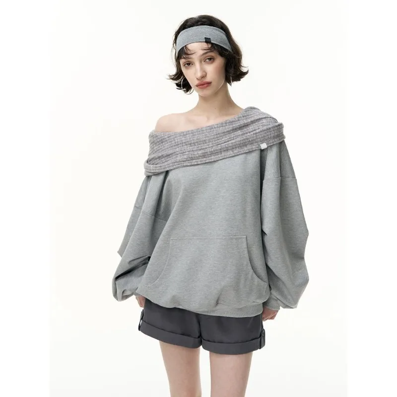 2026 Autumn New Women Knitted Hooded Splicing Hoodie Japanese Korean Fashion One Collar Casual Loose Hoodie Y2k Streetwear