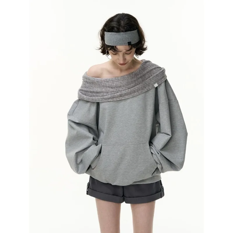 2026 Autumn New Women Knitted Hooded Splicing Hoodie Japanese Korean Fashion One Collar Casual Loose Hoodie Y2k Streetwear