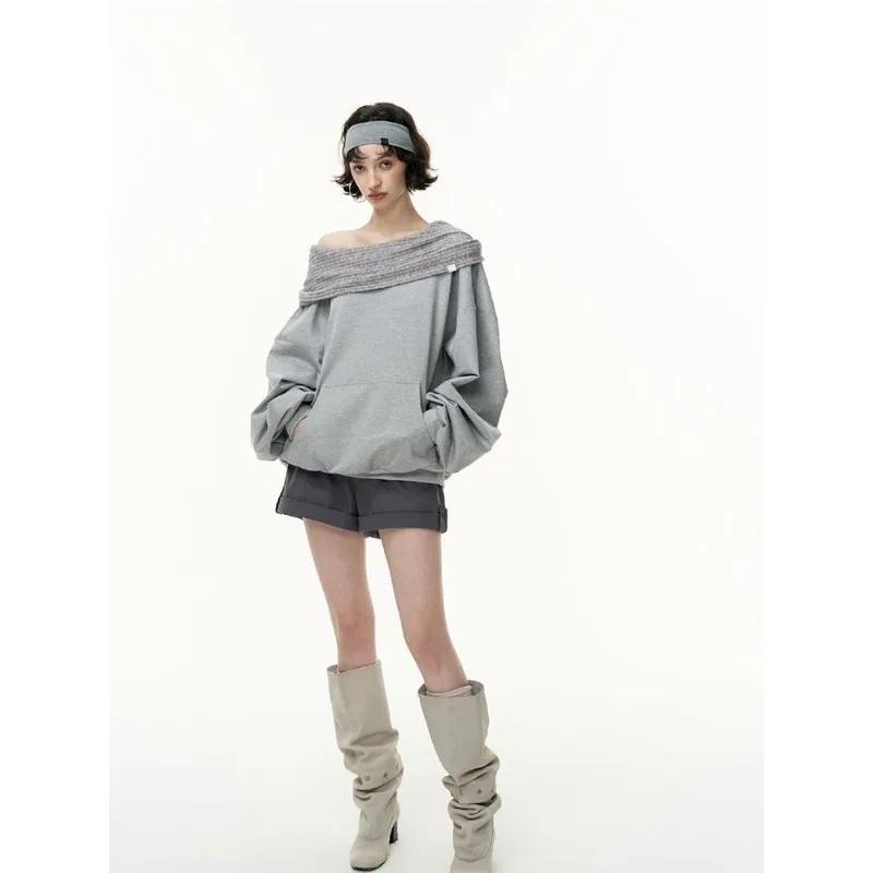 2026 Autumn New Women Knitted Hooded Splicing Hoodie Japanese Korean Fashion One Collar Casual Loose Hoodie Y2k Streetwear