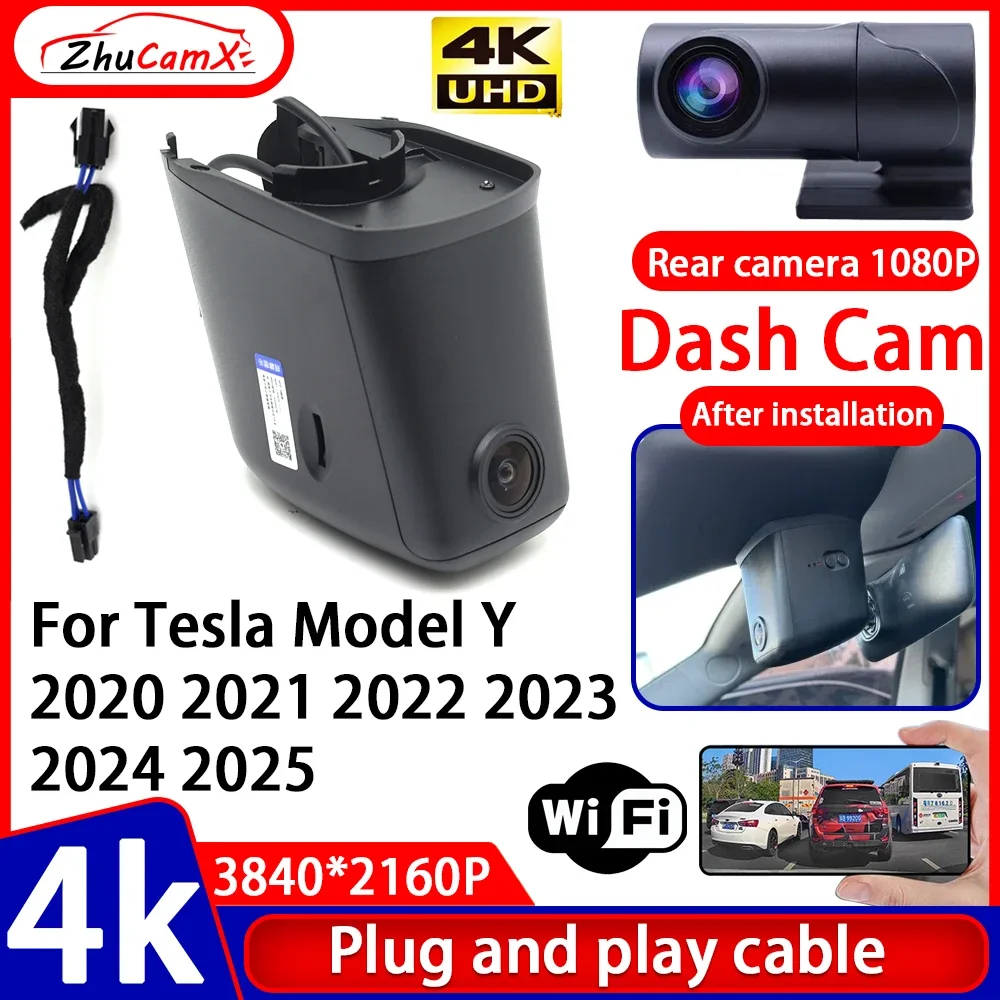 ZhuCamX Video Recorder Night Visio 4K UHD Plug and Play Car DVR Dash Cam Camera for Tesla Model Y 2020 2021 2022 2023 2024 2025