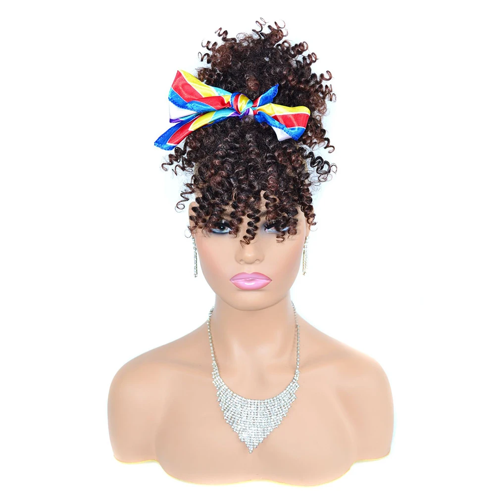 Drawstring Afro Kinky Curly Puff Ponytail Hair Bun with Bangs Synthetic Mini Spring Curl Hairpiece with Clip for Black Women