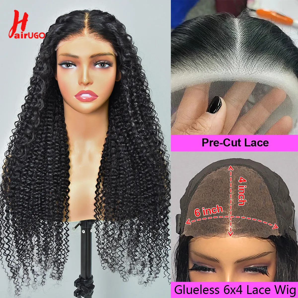 Kinky Curly 6x4 Glueless Lace Wigs Ready To wear Preplucked Kinky Curly Lace Wigs Glueless Afro Curly Human Hair Wigs 20-32
