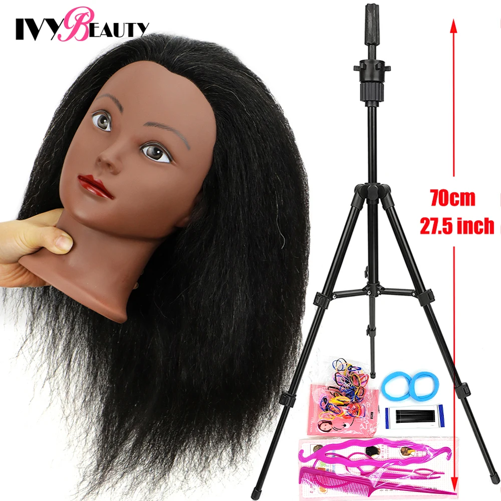 Women African Mannequin Head With Real Hair For Styling Braiding Professional Afro Training Hairdressing Hairart Wigs Head Stand