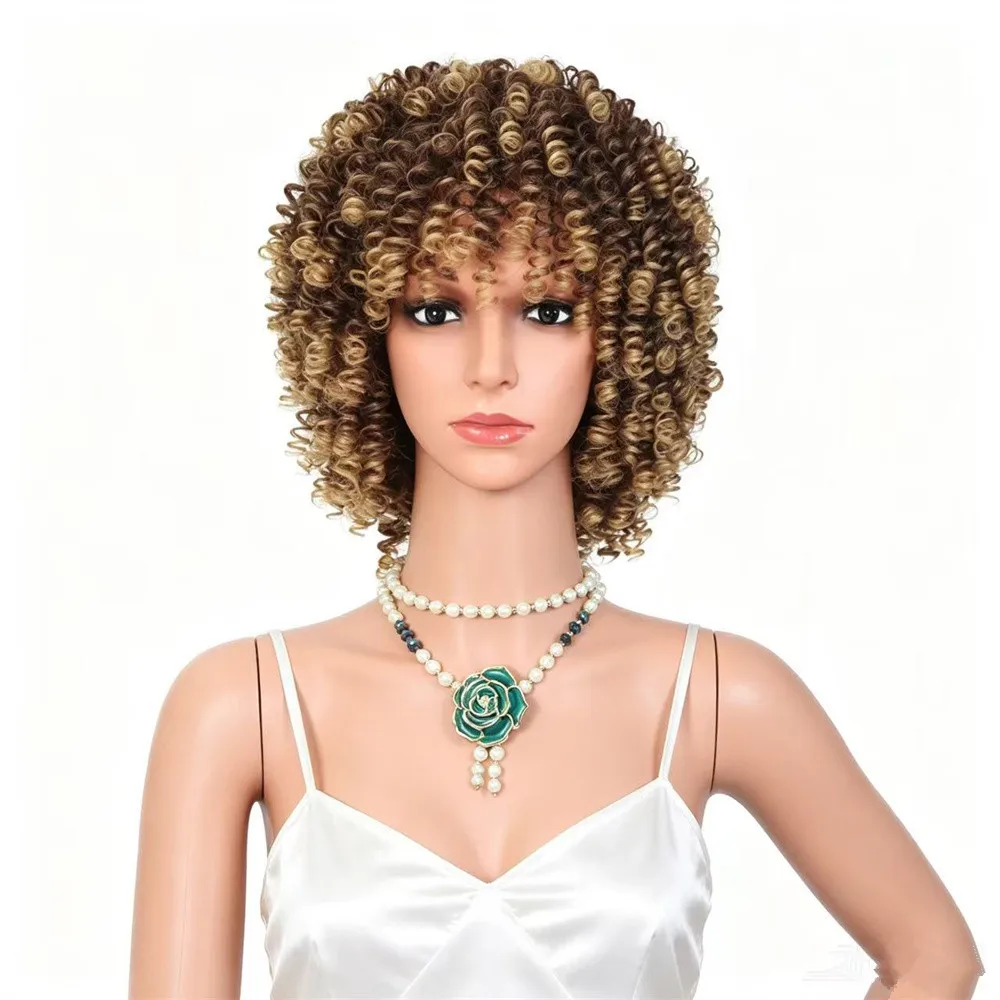 Synthetic Short Afro Kinky Curly Wig for Women with Bangs Mixed Brown Ombre Black Color African American Hairstyle for Daily Use