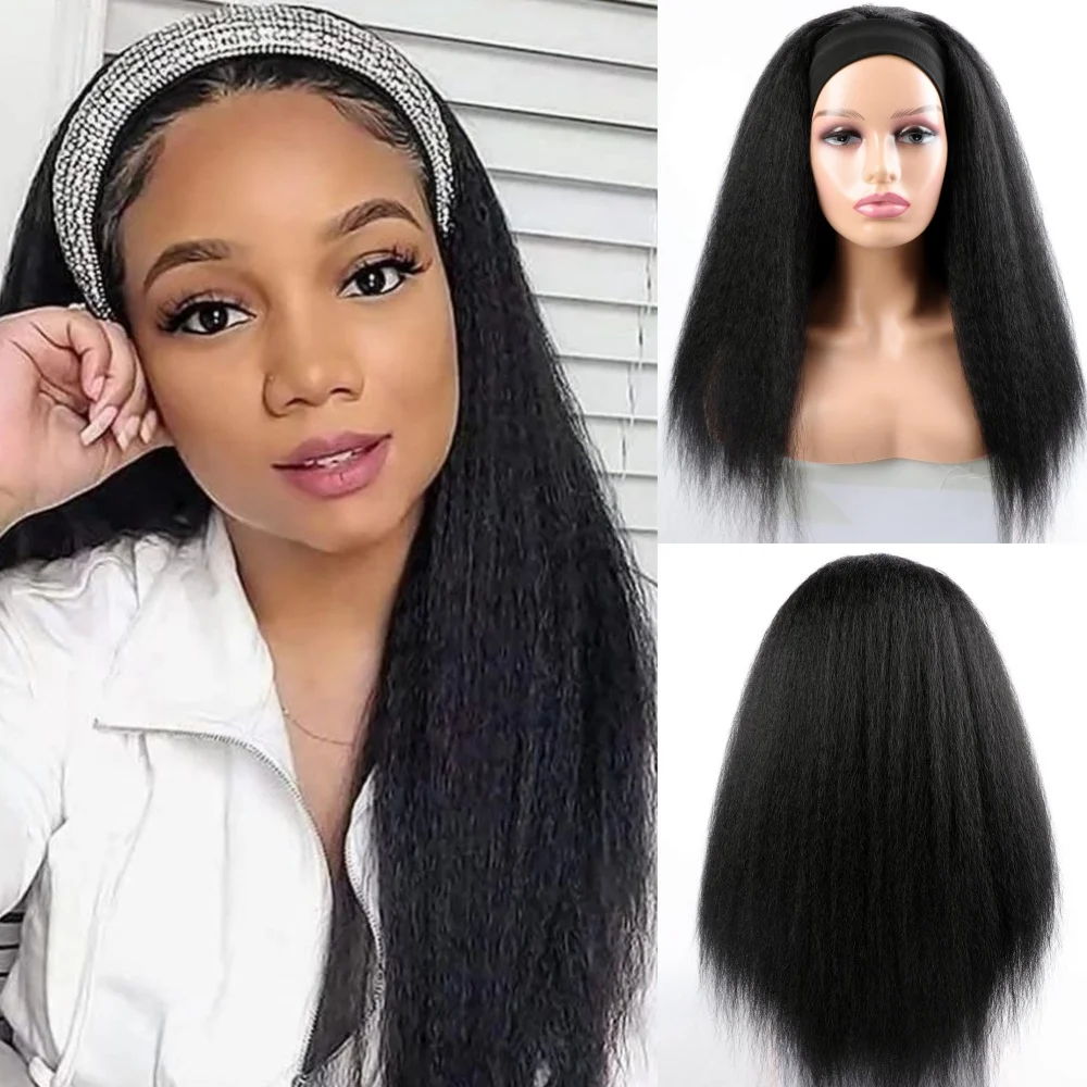 22 Inch Long Synthetic Kinky Straight Headband Wigs for Women Yaki Straight Wigs with Black Headband Afro Synthetic Hair Wigs
