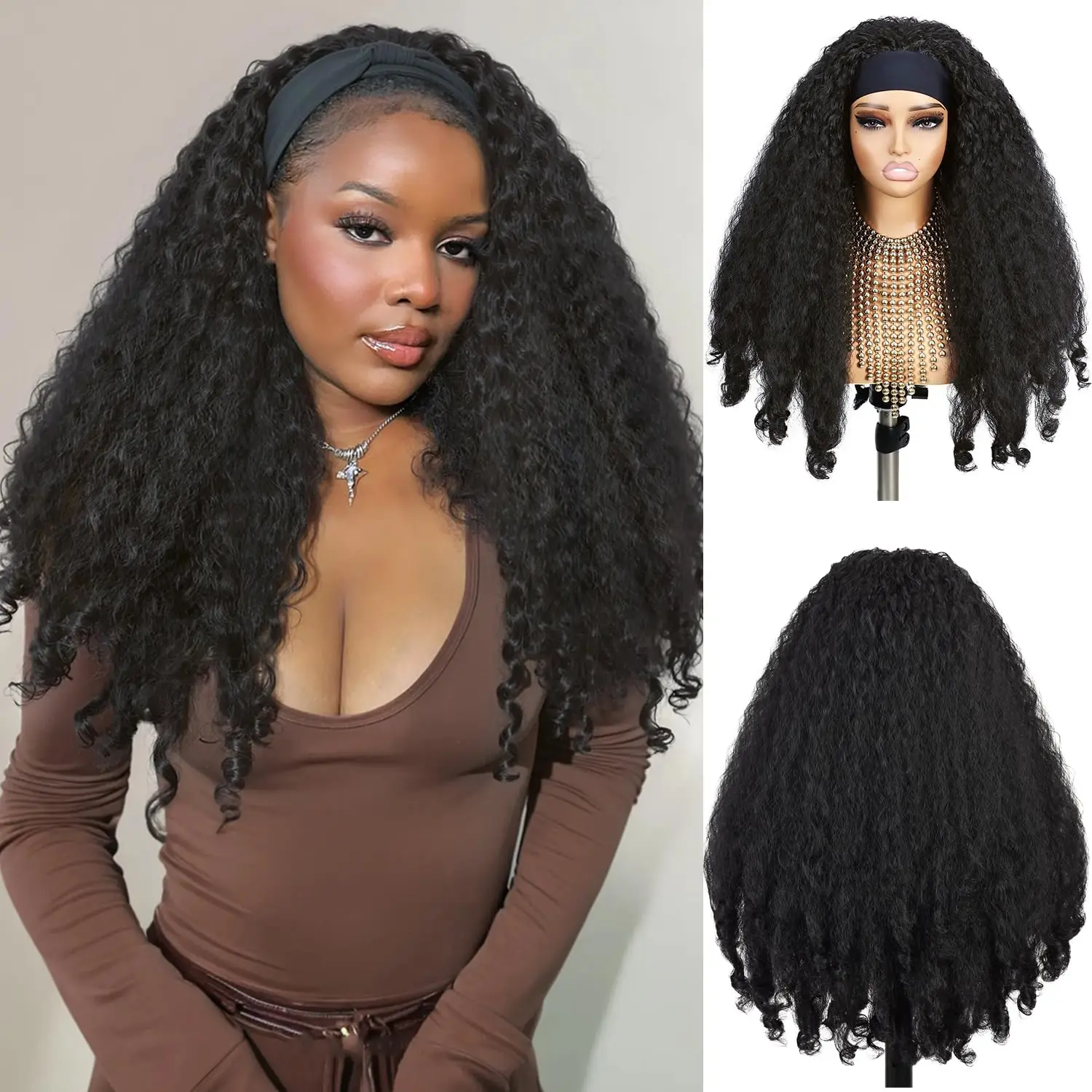 Headband Wigs Yaki Curly for Woman Wig Natural Black Afro Curly Synthetic Hair Wear and Go Kinky Curly Glueless Headband Wig