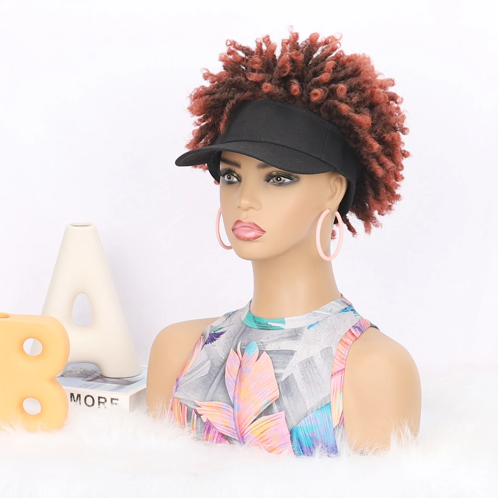 Zolin Afro Hair Wigs Kinky Curly Hair Visor Hat Wig Synthetic Afro Curly Hat Wig for Black Women Daily Use