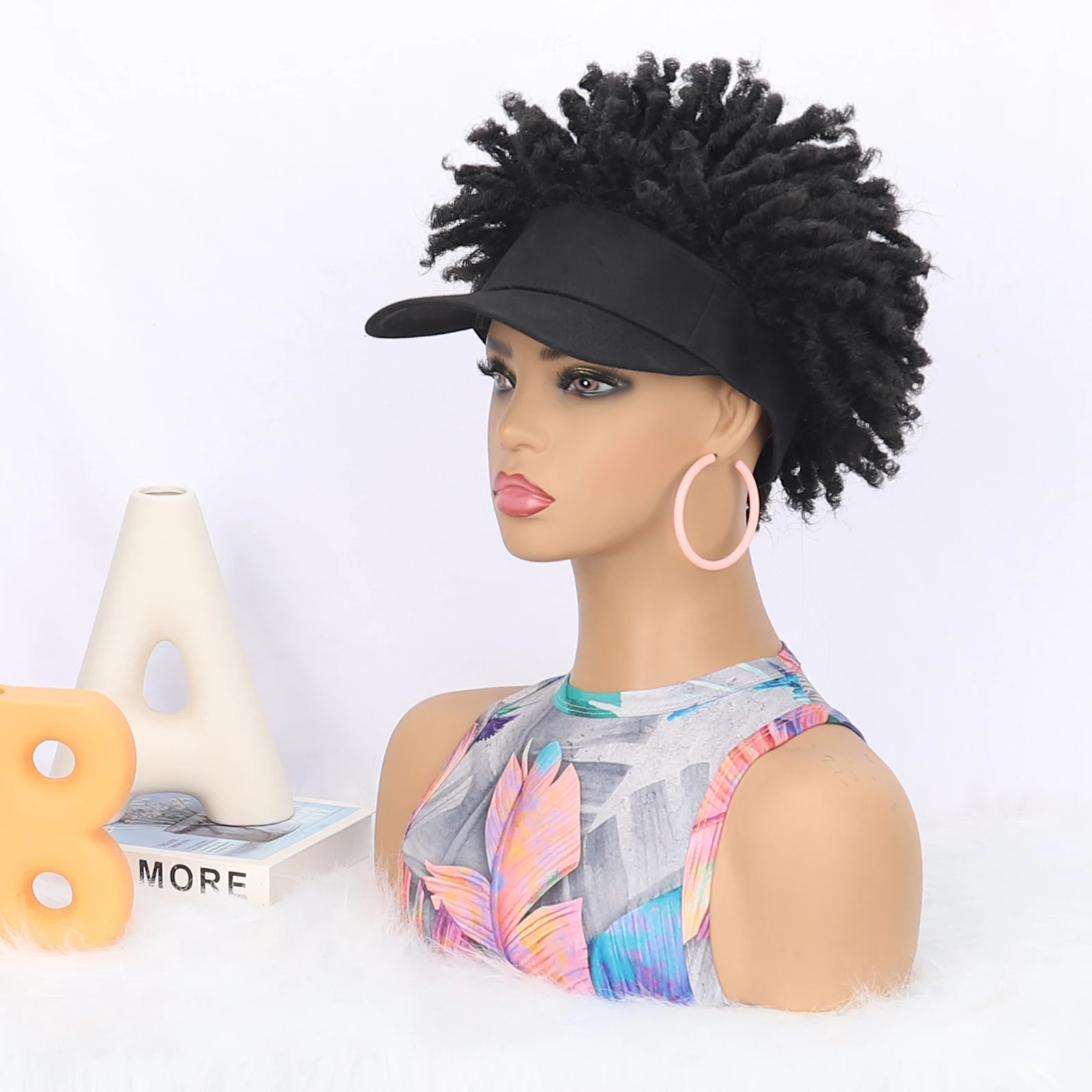 Zolin Afro Hair Wigs Kinky Curly Hair Visor Hat Wig Synthetic Afro Curly Hat Wig for Black Women Daily Use
