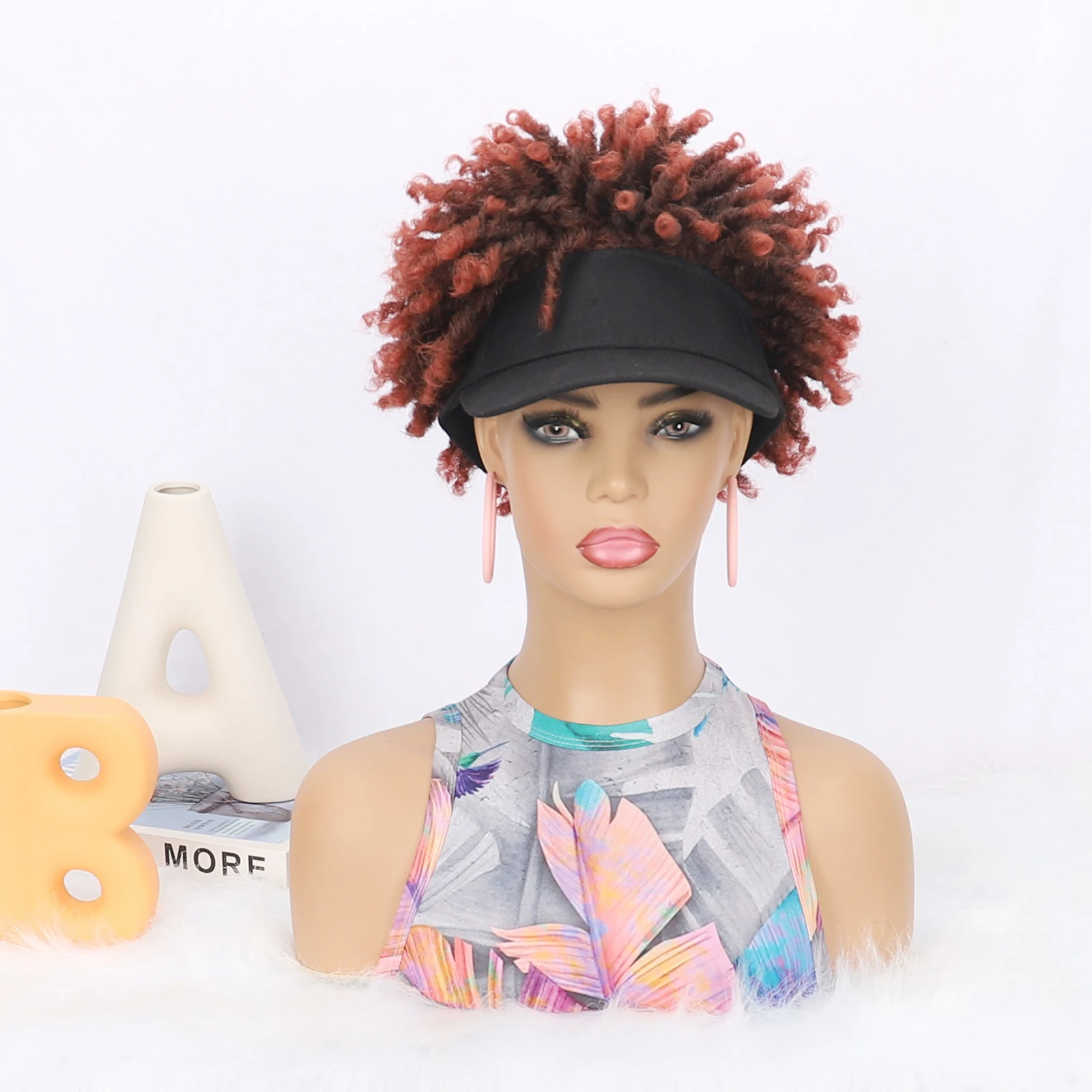 Zolin Afro Hair Wigs Kinky Curly Hair Visor Hat Wig Synthetic Afro Curly Hat Wig for Black Women Daily Use