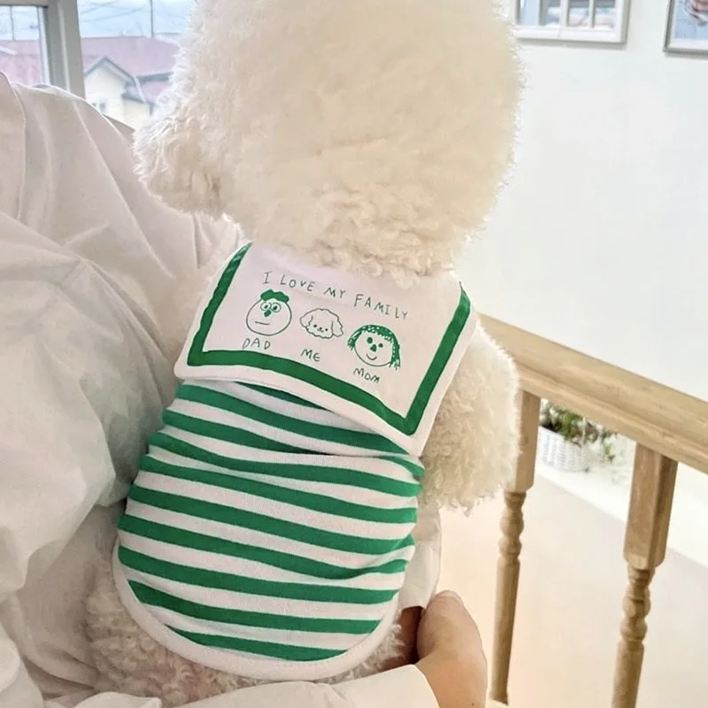 Green Striped Puppy T-shirt Pet Navy Collar Vest Cartoon Print Maltese Short Sleeved Breathable Clothes for Small Dog Cats