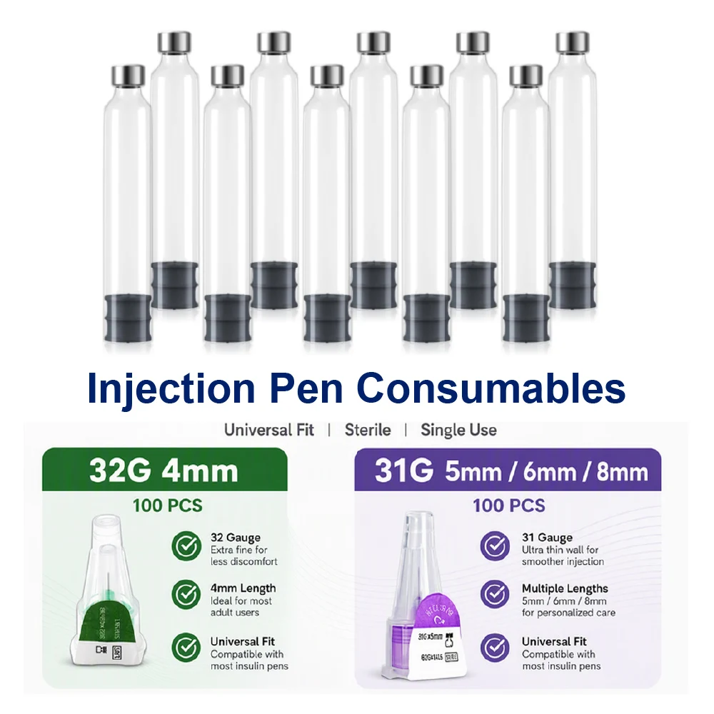 Injection Pen Consumables Pen Needle Tips 31G 32G 4-8mm Disposable Sterile Individual Pk 3ml Insulin Cartridge Vial Glass Bottle