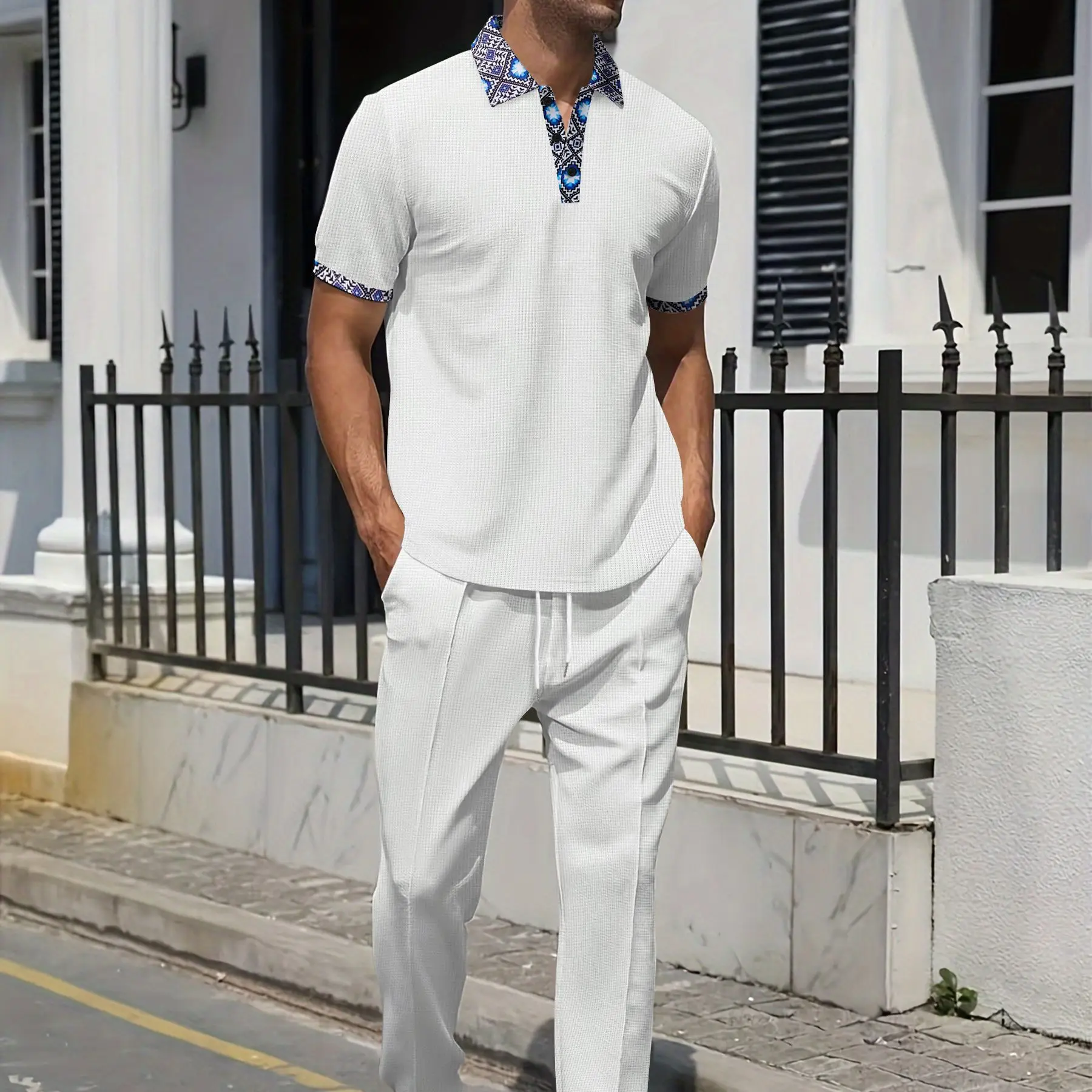 New Men's Business Casual Polo Suit 2PCS Waffle Knit Ethnic Trim Short Sleeve Shirt + Drawstring Pants Set Office Daily Wear。