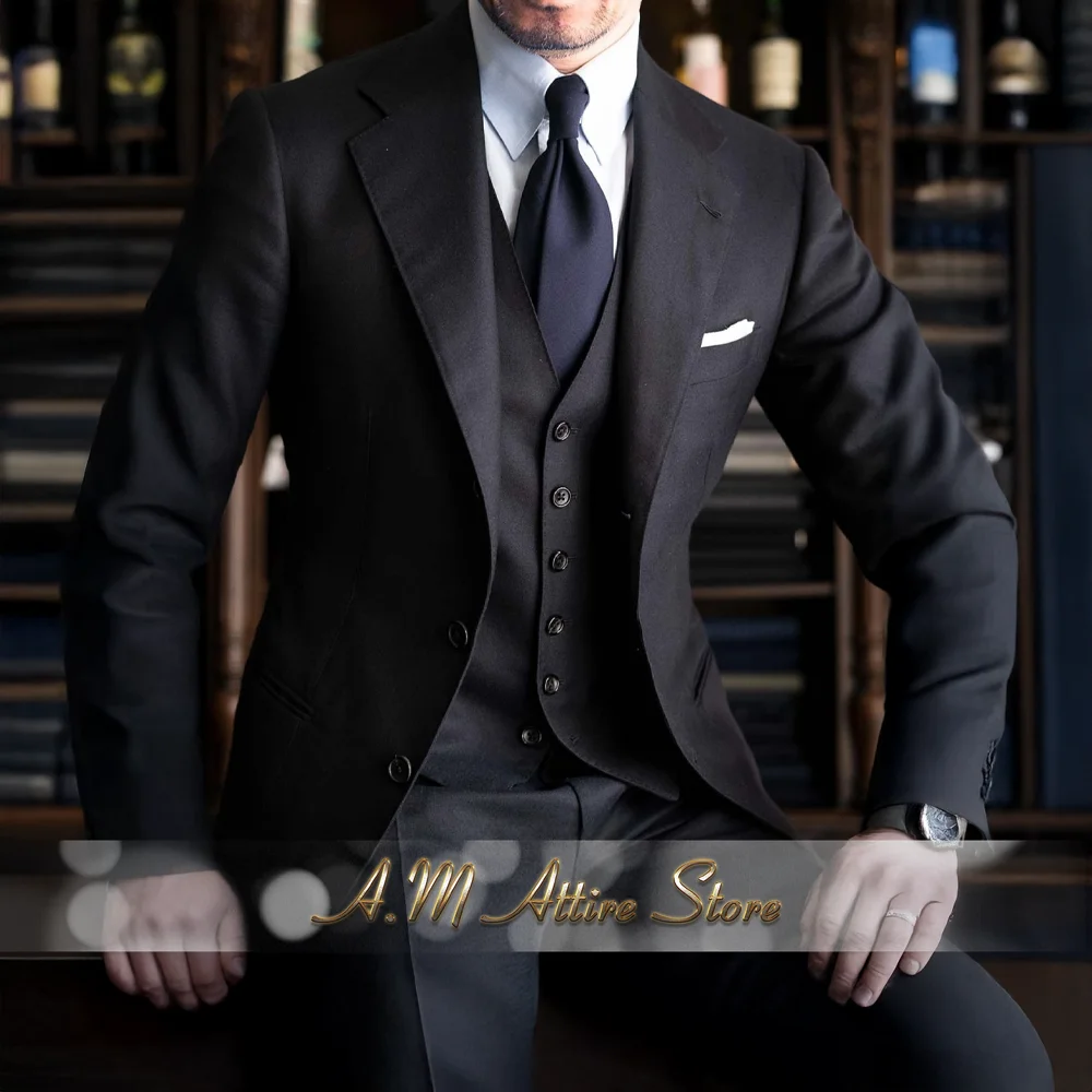 Haute Couture Men's Suit in Black 3-piece Peak Lapel Jacket Double-breasted Vest Pants Set for Wedding Groom Concert Prom Party