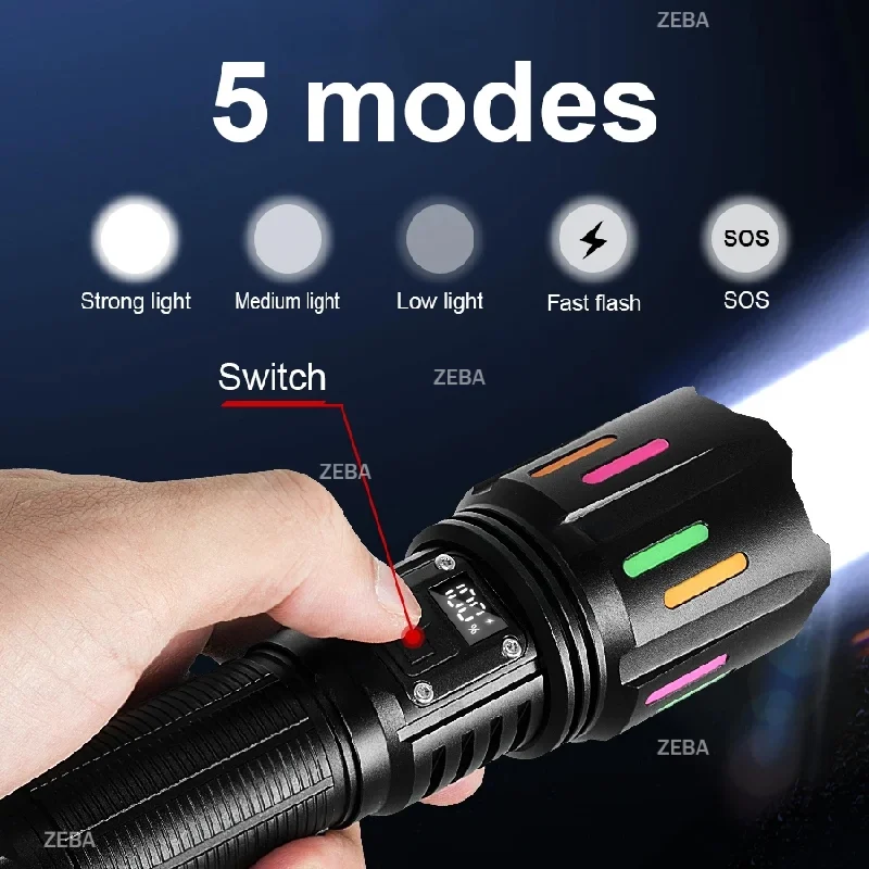 60000000LM Most Powerful LED Flashlight USB Rechargeable Aluminum Alloy Torch Outdoor Waterproof Camping Hiking Tactical Lantern