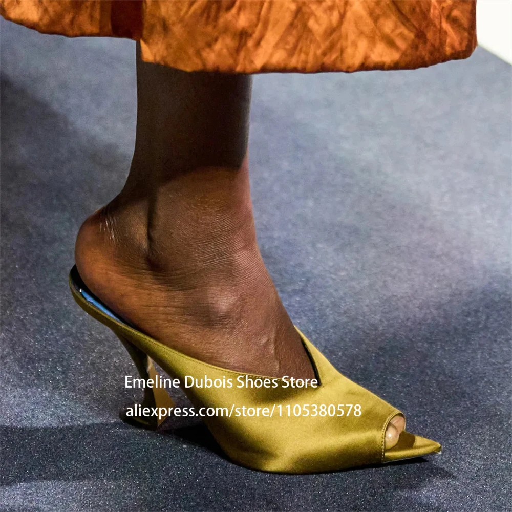 Satin Peep Toe Sculptural Heel Mules Women Slip on Unique Irregular High Heel Pumps Runway Fashion Lady Dress Shoes Custom Color
