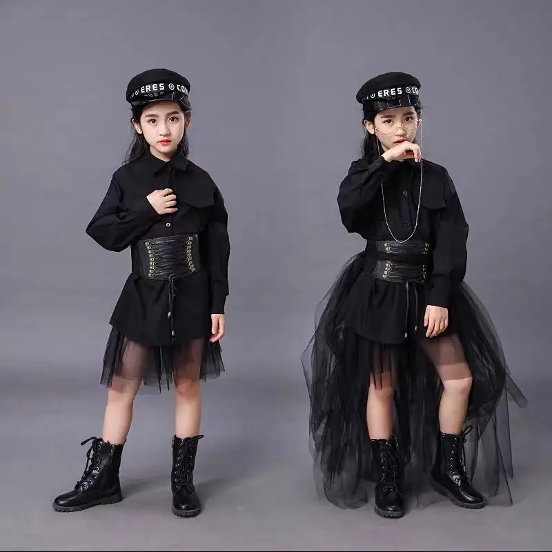 Children's Black Suit Girls Model Competition Runway Fashion Catwalk Clothing Dress June 1 Performance Suit Tide Summer
