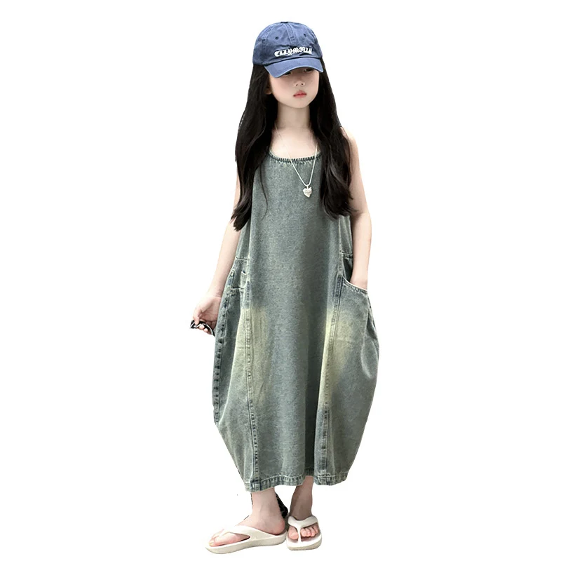 Vintage Blue Children Girls High Quality Sleeveless Denim Dress Streetwear Outfit Fashion Summer Kids Luxury Jeans Clothing