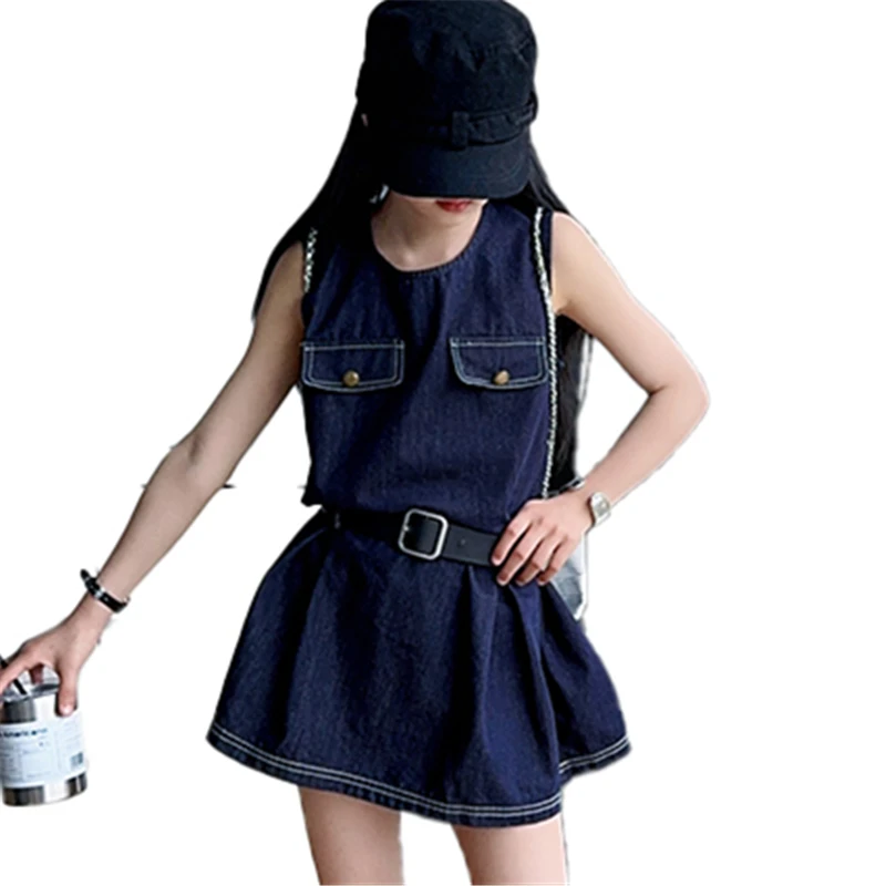 Stylish Kids Fashion Denim Bodysuit Dress for Girls Vintage Dark Blue Jeans Skirt With Belt Child Trendy Streetwear Outfit 5-14Y