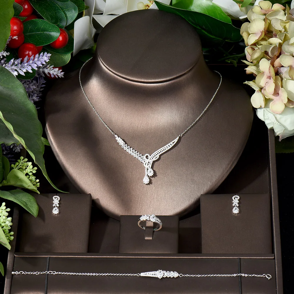 HIBRIDE Super Shiny Full Micro Cubic Zirconia Pave Crystal Necklace Earring Ring Set Chic Engagement Jewelry Set for Women N-854