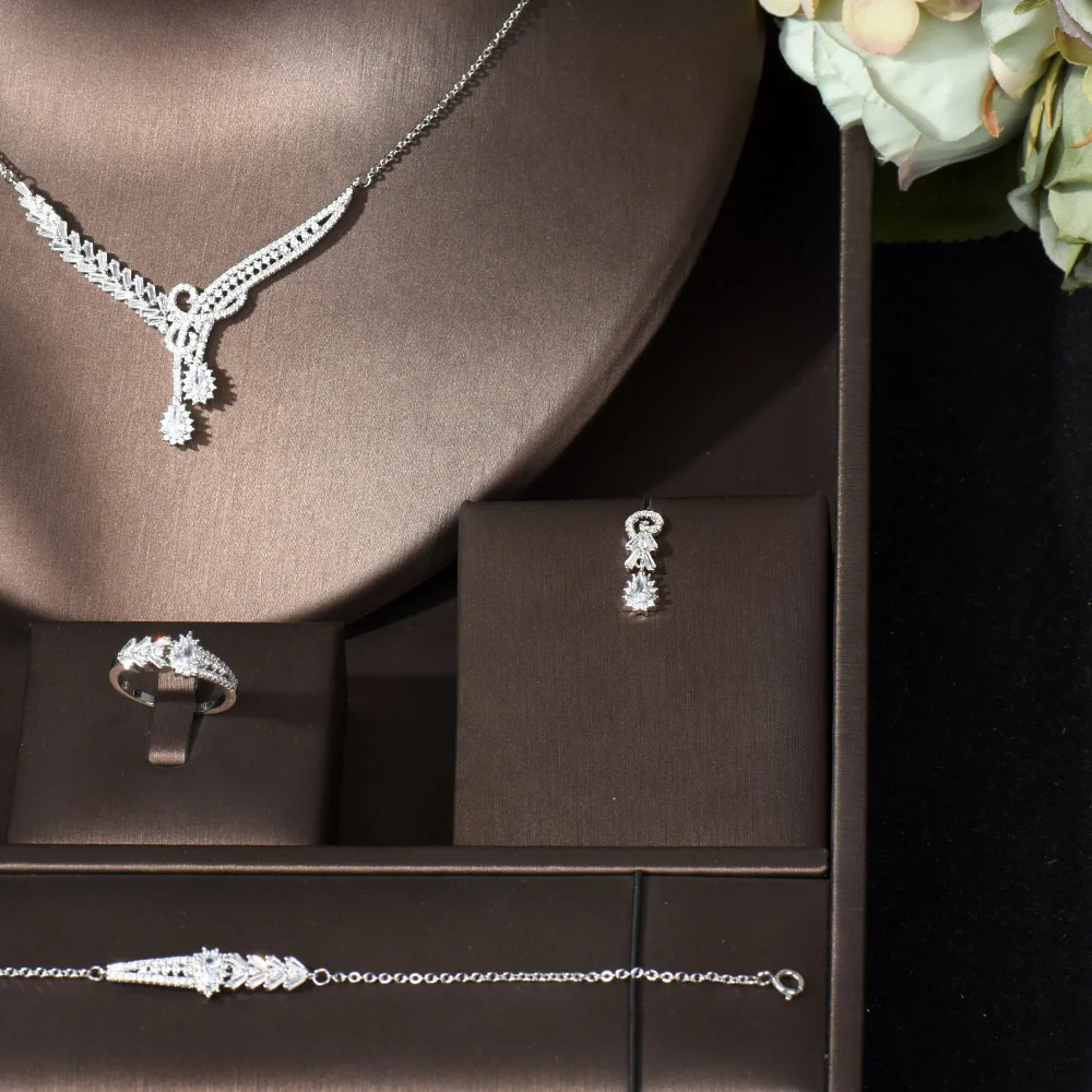 HIBRIDE Super Shiny Full Micro Cubic Zirconia Pave Crystal Necklace Earring Ring Set Chic Engagement Jewelry Set for Women N-854