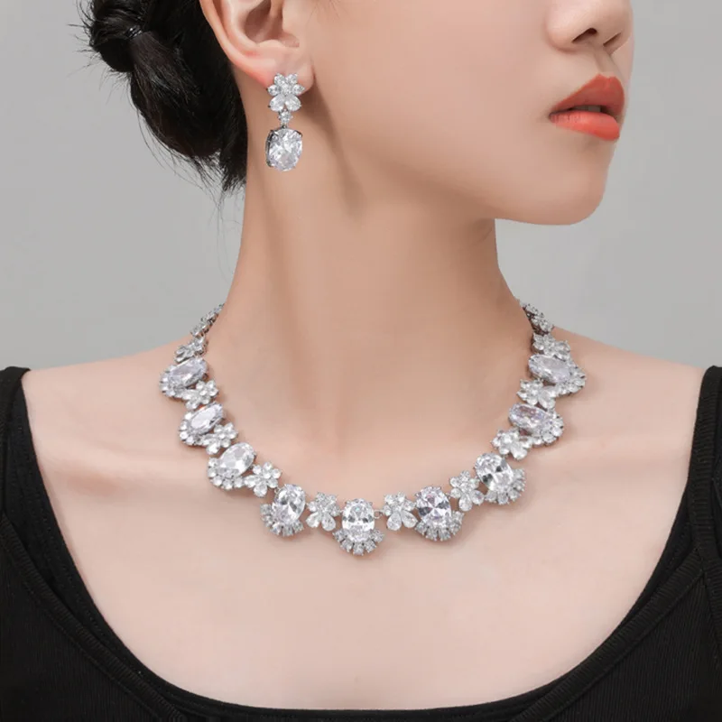 Gorgeous Super Shiny AAA Zirconia Teardrop Necklace Earrings Women Jewellery Set Dress Party Bridal Wedding Accessories M-295