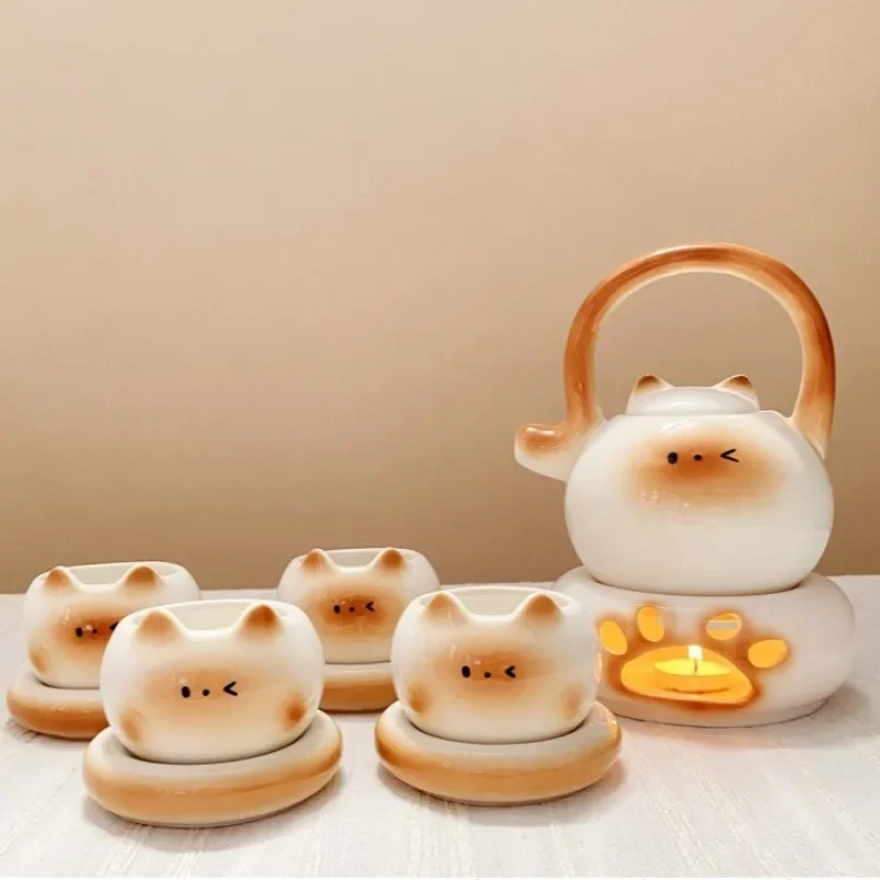 Creative Siamese Cat Ceramic Coffee Tea Set Korean Cartoon Cat Porcelain Teacup Kettle Cute Wedding and Housewarming Gifts