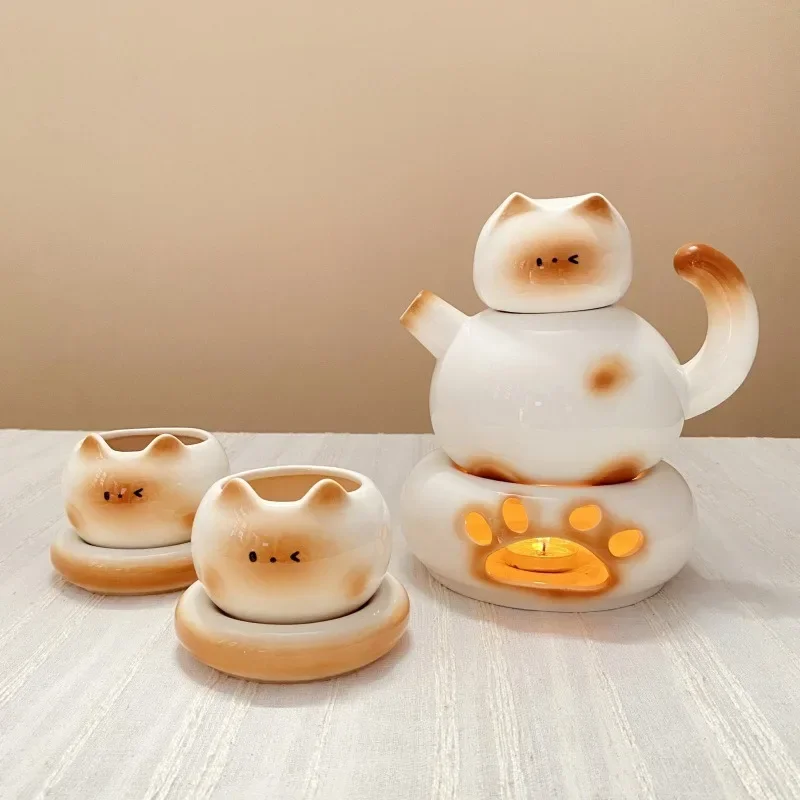Creative Siamese Cat Ceramic Coffee Tea Set Korean Cartoon Cat Porcelain Teacup Kettle Cute Wedding and Housewarming Gifts
