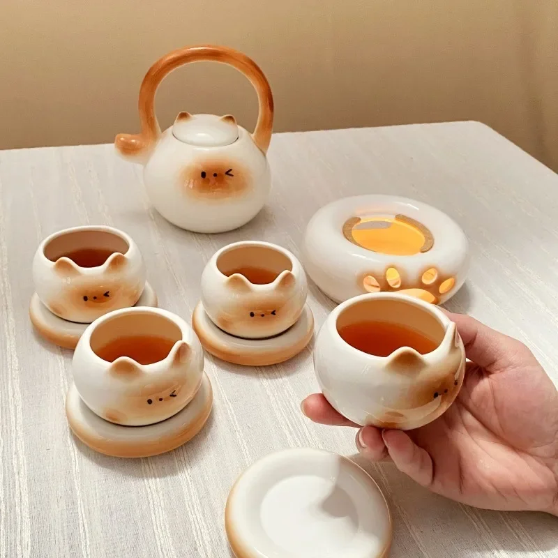 Creative Siamese Cat Ceramic Coffee Tea Set Korean Cartoon Cat Porcelain Teacup Kettle Cute Wedding and Housewarming Gifts