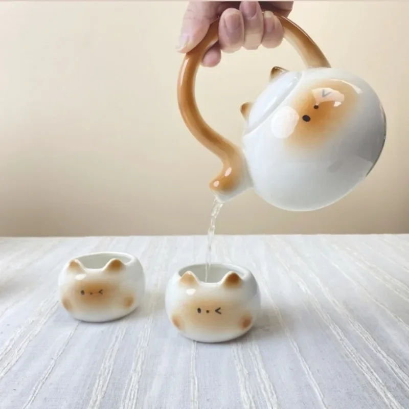 Creative Siamese Cat Ceramic Coffee Tea Set Korean Cartoon Cat Porcelain Teacup Kettle Cute Wedding and Housewarming Gifts
