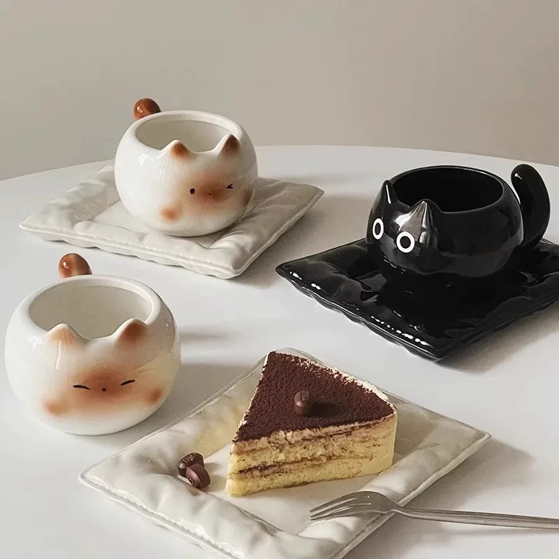 Fun Ceramic Cup Cute Cat Shaped Underglaze Painted Cartoon Siamese Cat Coffee Cup Home Breakfast Milk Coffee Cup Birthday Gift