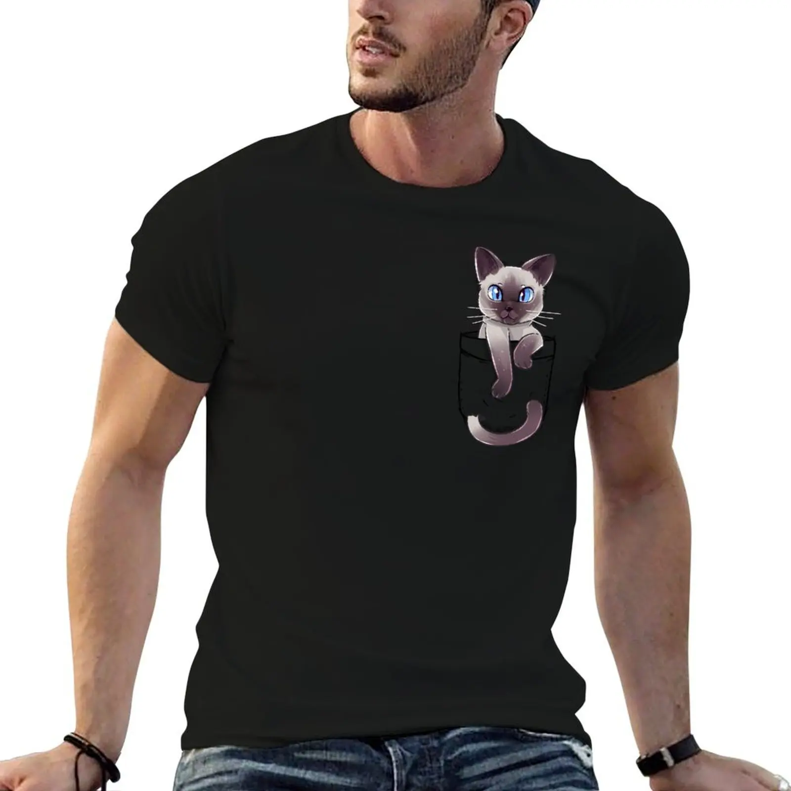 Pocket Cute Siamese Cat Kitten T-Shirt Soft Cotton Print T-Shirt
