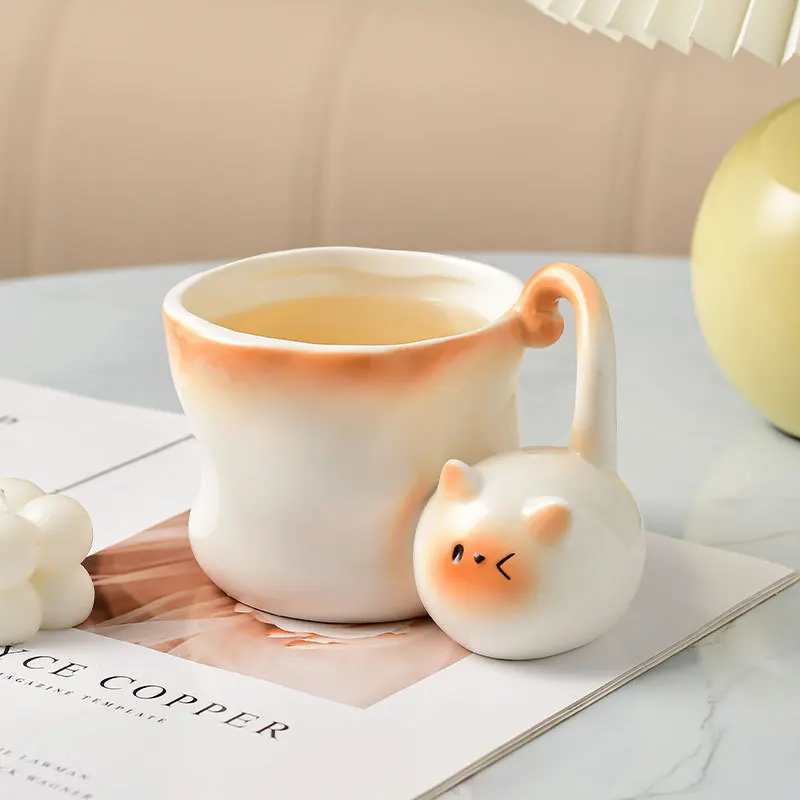 Cute Cat Shaped Ceramic Cup with Underglaze Painted Cartoon Siamese Cat Coffee Cup, Home Breakfast Milk Coffee Cup,Birthday Gift