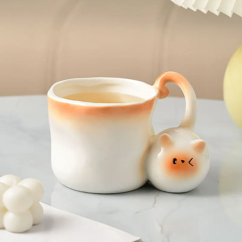 Cute Cat Shaped Ceramic Cup with Underglaze Painted Cartoon Siamese Cat Coffee Cup, Home Breakfast Milk Coffee Cup,Birthday Gift