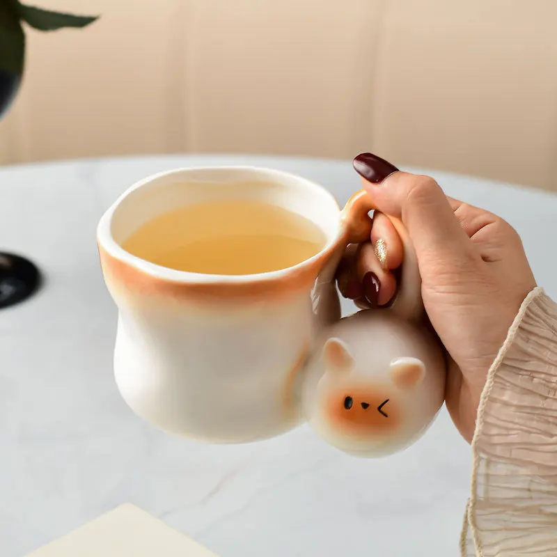 Cute Cat Shaped Ceramic Cup with Underglaze Painted Cartoon Siamese Cat Coffee Cup, Home Breakfast Milk Coffee Cup,Birthday Gift