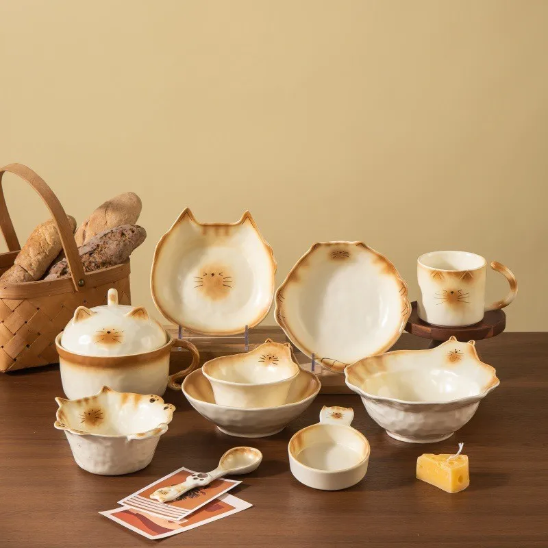 Creative Hand-Painted Japanese Cartoon Siamese Cat Tableware, Cute Household Ceramic Salad Fruit Bowls & Dinner Plates