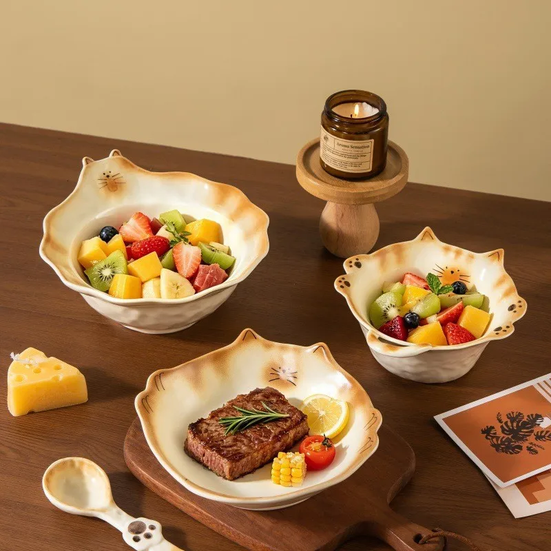 Creative Hand-Painted Japanese Cartoon Siamese Cat Tableware, Cute Household Ceramic Salad Fruit Bowls & Dinner Plates