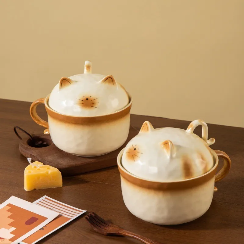 Creative Hand-Painted Japanese Cartoon Siamese Cat Tableware, Cute Household Ceramic Salad Fruit Bowls & Dinner Plates
