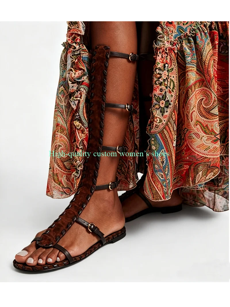 Chocolate Round-toe, Open-Toe Flat Sandals Belt Buckle Decorative Summer Cutouts Knee-High Boots Manual Luxury Sandals