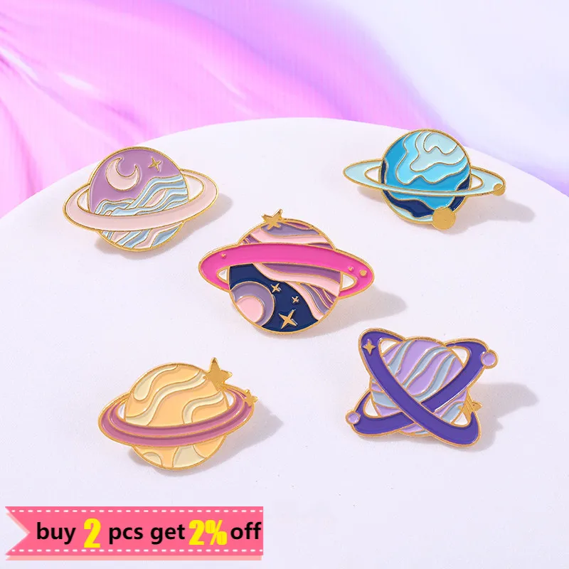 Dream Planet Metal Enamel Pins Star Moon Brooch Fashion Purple Clothes Cartoon Pins Badge Jewery Gift for Space Lovers Wholesale