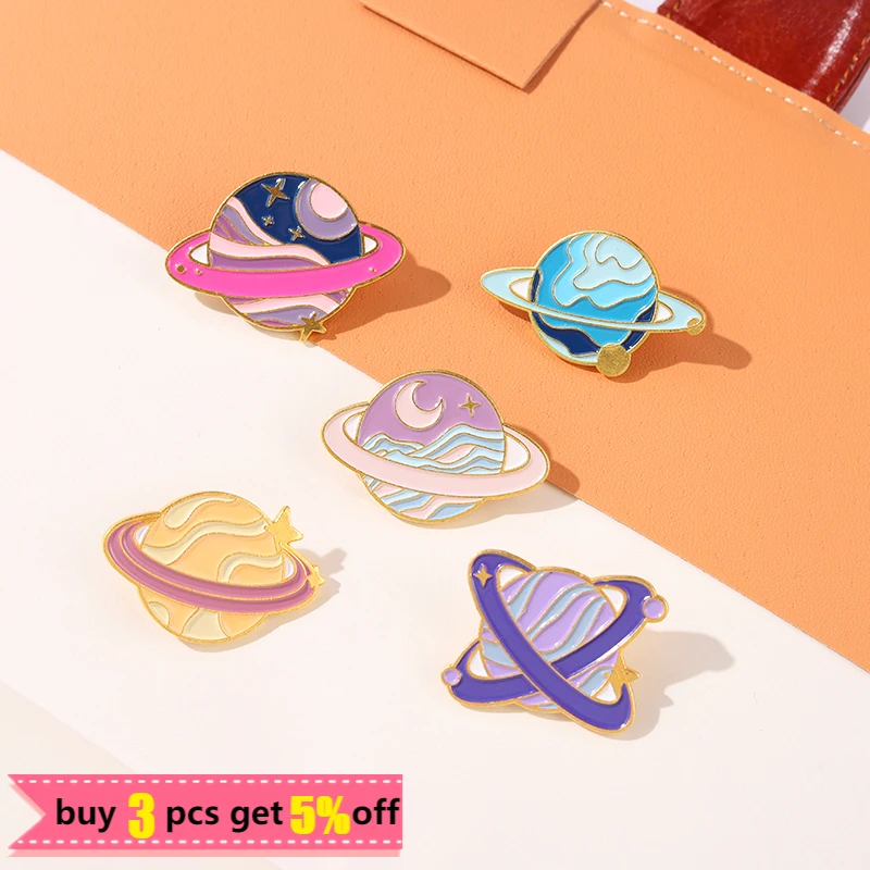 Dream Planet Metal Enamel Pins Star Moon Brooch Fashion Purple Clothes Cartoon Pins Badge Jewery Gift for Space Lovers Wholesale