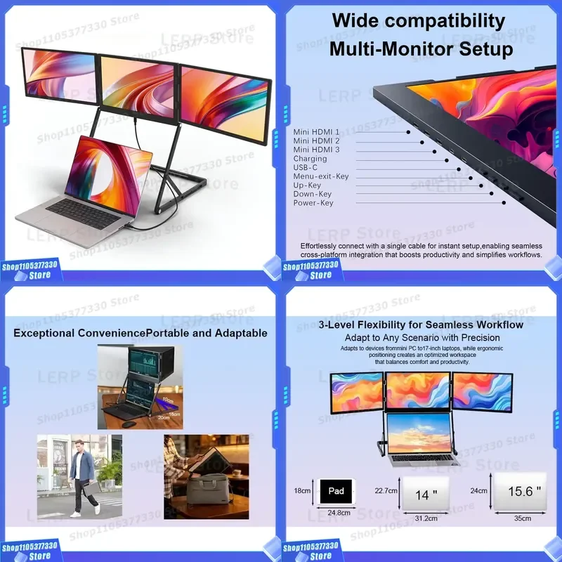 Vsdisplay 14 Inch Foldable Triple Screen Monitor USB C HDMI 1920x1200 Portable Display Extender for Laptop Notebook PC Gaming