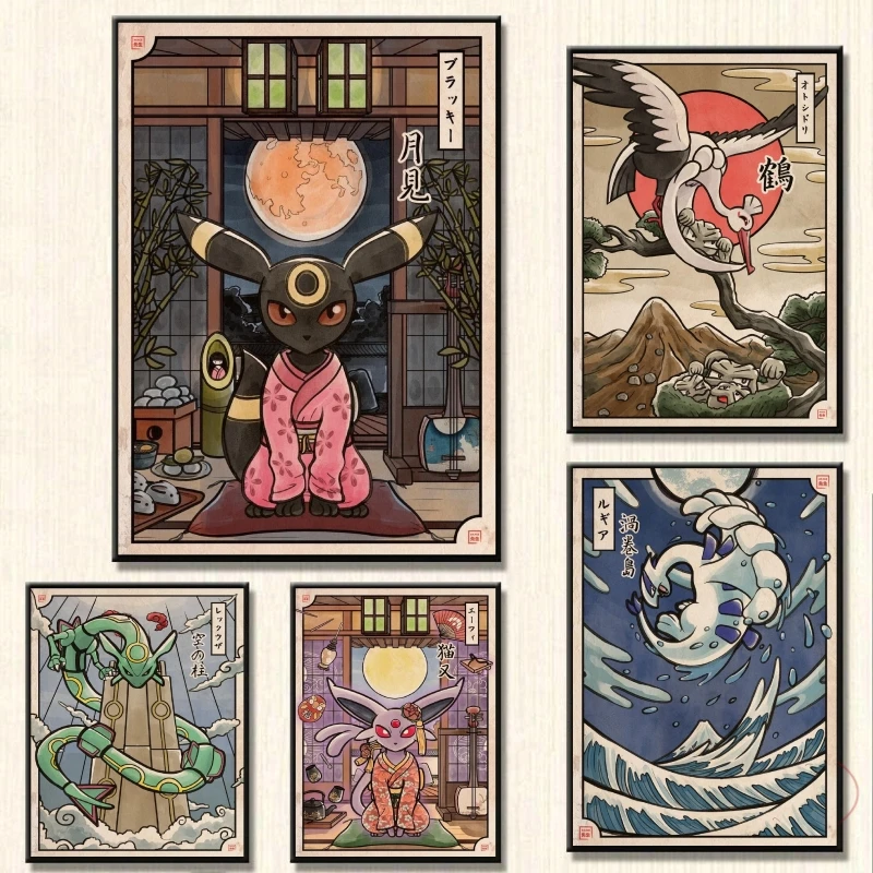 Japanese Pokemon Decorative Paintings Eaturing Umbreon in Kimono Anime Wall Art for Home Decoration Unique Room Decor Gift