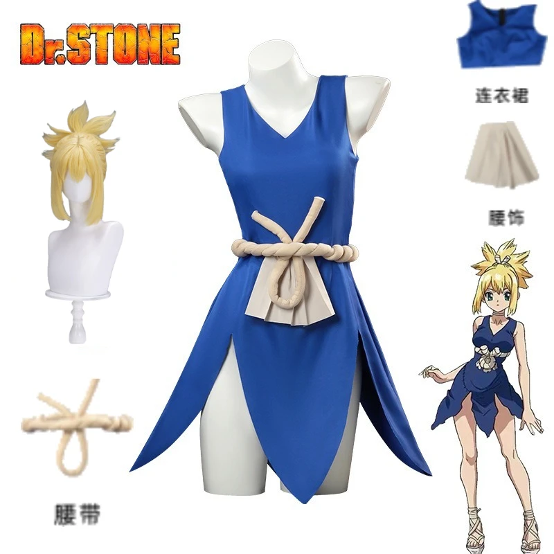 Kohaku Cosplay Costume Dr Stone Blue Dress Outfit Full Set Neck Wear Sash Headwear for Women Halloween